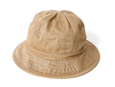 Khaki herringbone twill boonie hat with wide stitched brim and gathered crown.
