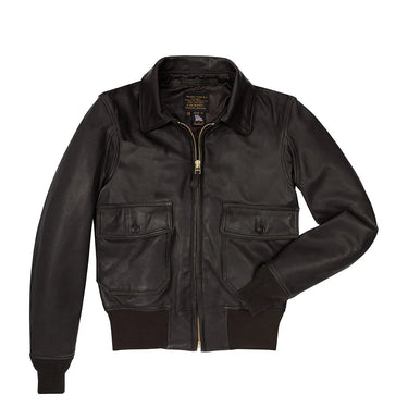 Goatskin flight jacket in dark leather with front zipper and two chest pockets