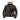 Brown leather jacket with tan shearling stand collar, zip front, and chest pocket