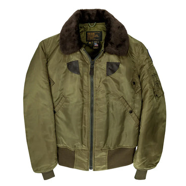 Olive green nylon bomber jacket with dark faux fur collar and zip front pockets