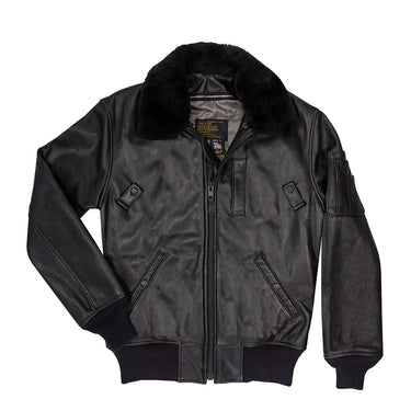 Black leather flight jacket with faux fur collar, zip front and sleeve pocket
