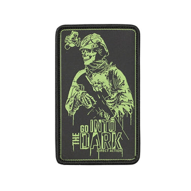Black fabric tactical patch with neon green soldier graphic and embroidered border