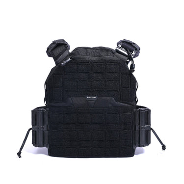 Black tactical plate carrier with padded shoulders and front MOLLE squares