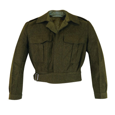 Dark olive-green wool battle dress jacket with buttoned front and flap chest pockets.