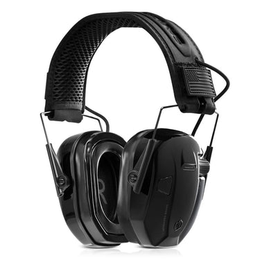 Electronic ear protection headphones with all-black ear cups and mesh headband