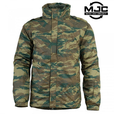 Hooded jacket in Greek lizard camo with full-length zipper and front pockets