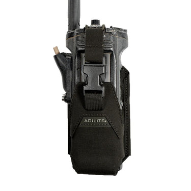 Black handheld radio pouch with front hook-and-loop patch panel