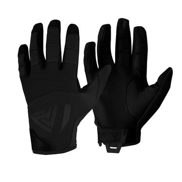 Black tactical leather hard gloves with textured knuckle panels and wrist strap