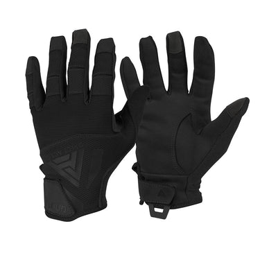 Black tactical hard gloves with padded palm and knuckle reinforcements, finger grips