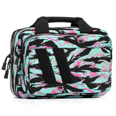 Double pistol case with Miami tiger stripe camo, padded handle, and side zipper pockets.
