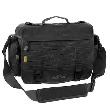 Black Cordura messenger bag with flap, front MOLLE panel, and shoulder strap