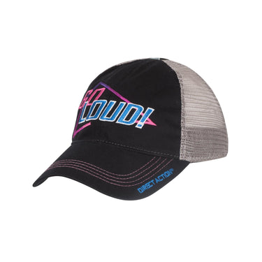 Black and grey mesh feed cap with colorful embroidered logo on front.