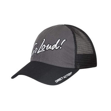 Charcoal mesh trucker cap, 'Go Loud' front, Direct Action strap