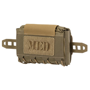 Horizontal tactical pouch in tan/olive with MOLLE webbing and hook-and-loop patch panel