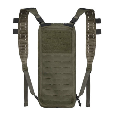 Olive hydration pack with front MOLLE panel, adjustable shoulder straps and webbing sides