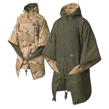 Reversible camo poncho with hood, wide sleeves, adjustable drawstring hem