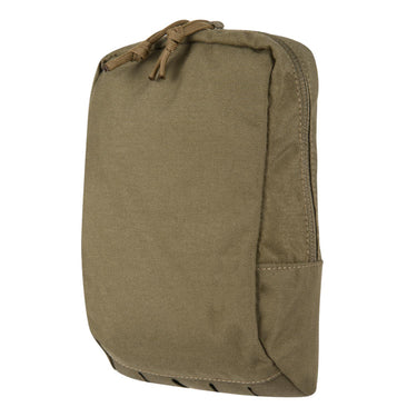 Utility pouch with drawcord top, khaki olive fabric, side pocket panel detail.