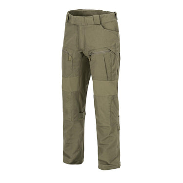 Adaptive green combat pants with cargo pockets and knee panel, front view.