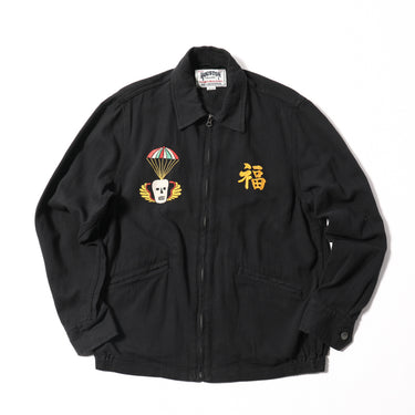 Black cotton-linen jacket with front zipper and skull tiger chest graphic