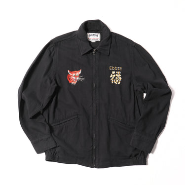 Black jacket with red cat face emblem and “EDDIE” graphic on chest