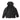 Hooded parka in black with snap front, drawstring hood, and chest pockets