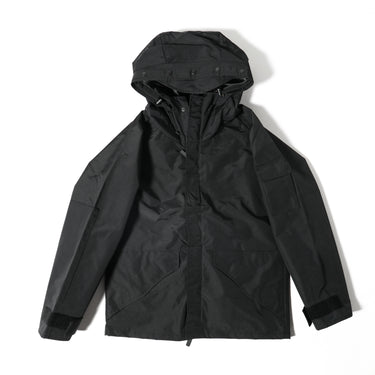 Hooded parka in black with snap front, drawstring hood, and chest pockets