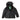 Hooded parka in black with drawstring hood, snap front, and chest pockets