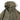 Olive drab hooded parka with snap button tabs, zipper front, and cinched hood opening