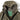 Tan hooded parka with open hood, green instruction label inside, and zipper trim