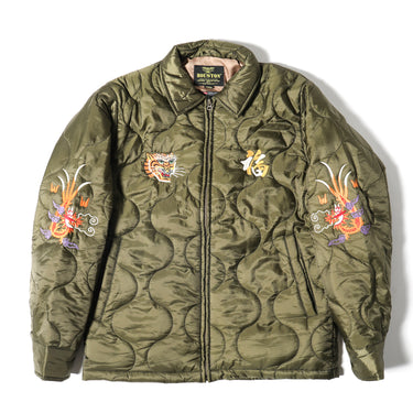 Olive quilted nylon jacket with full-zip front and dragon embroidery on chest