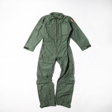 Sage green aramid flight coverall with zip front, stand collar, and patch sleeves.