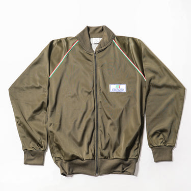 Olive drab zip-up track jacket with stand collar, stripe piping, and chest patch