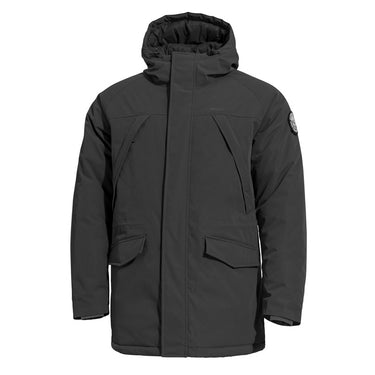 Black hooded parka with full front zipper, snap flap pockets, and padded insulated body