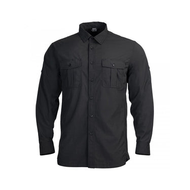 Black long-sleeve button-up shirt with two chest flap pockets