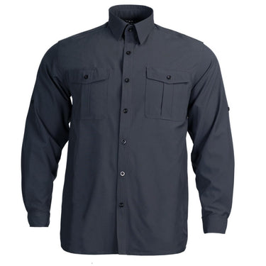 Navy button-front work shirt with two chest pockets and long sleeves