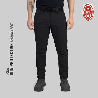 Black cargo-style tropic pants with belt loops and zip fly, full length.