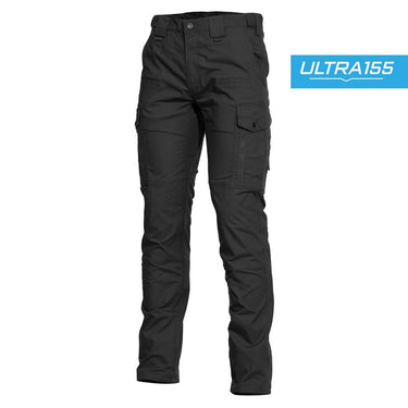 Black cargo pants with button waist and side cargo pockets