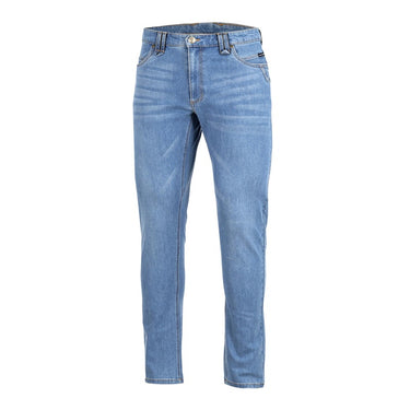 Light indigo blue tactical jeans with button fly, belt loops, and five pockets