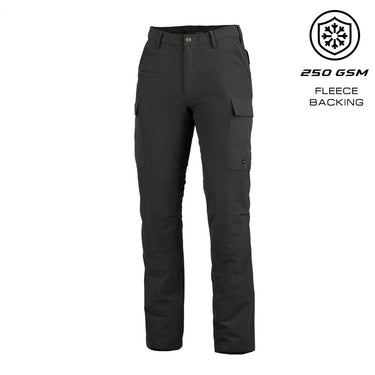 Black tactical pants with cargo pockets and button waist, arctic fleece backing