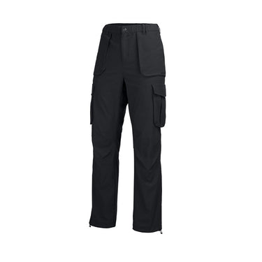 Black functional cargo pants with elastic waist, button closure, thigh pockets, ankle zips