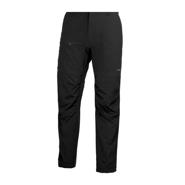 Black hiking pants with zip fly, belt loops, and tapered legs
