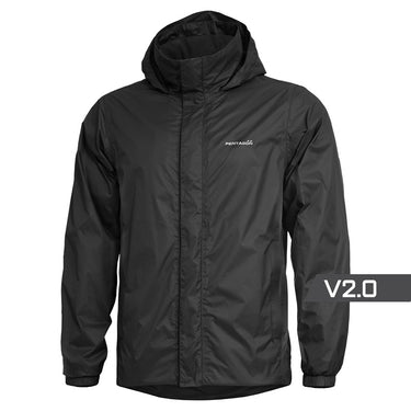 Black rain jacket with attached hood, full zip front, long sleeves and elastic cuffs.
