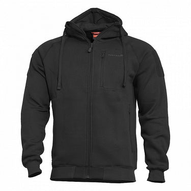 Black zip-up hoodie sweater with front zipper and drawstring hood.