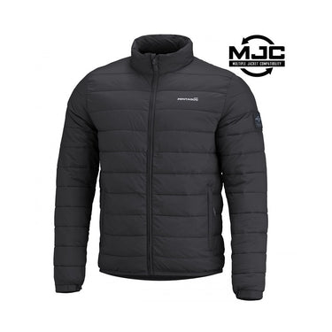 Black puffer jacket with full-zip front and stand collar, long sleeves
