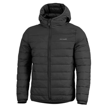Pentagon Aurora 2.0 black puffer hooded jacket, full-zip with quilted insulation
