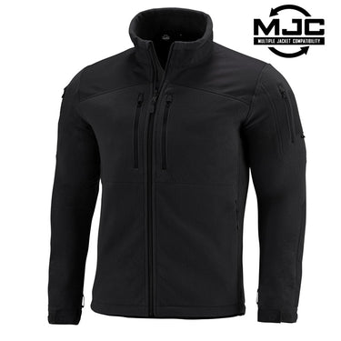 Black tactical fleece jacket with full-zip front, stand collar, and zip pockets