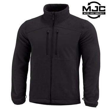 Black fleece jacket with full zip front, stand collar, and two zip pulls