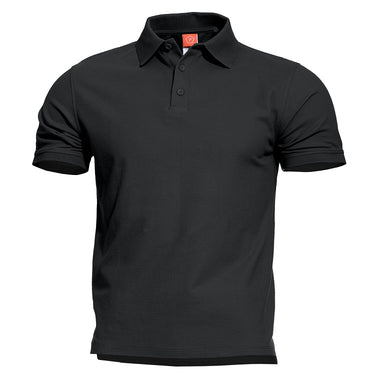 Black polo shirt with button placket, short sleeves, and ribbed collar
