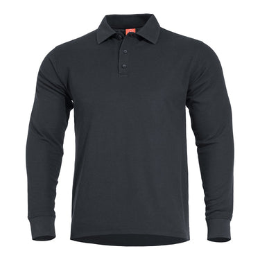 Black long-sleeve polo shirt with button placket and collar