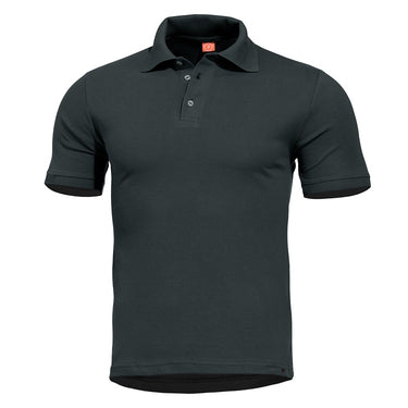 Black polo shirt with short sleeves, button placket, and ribbed collar